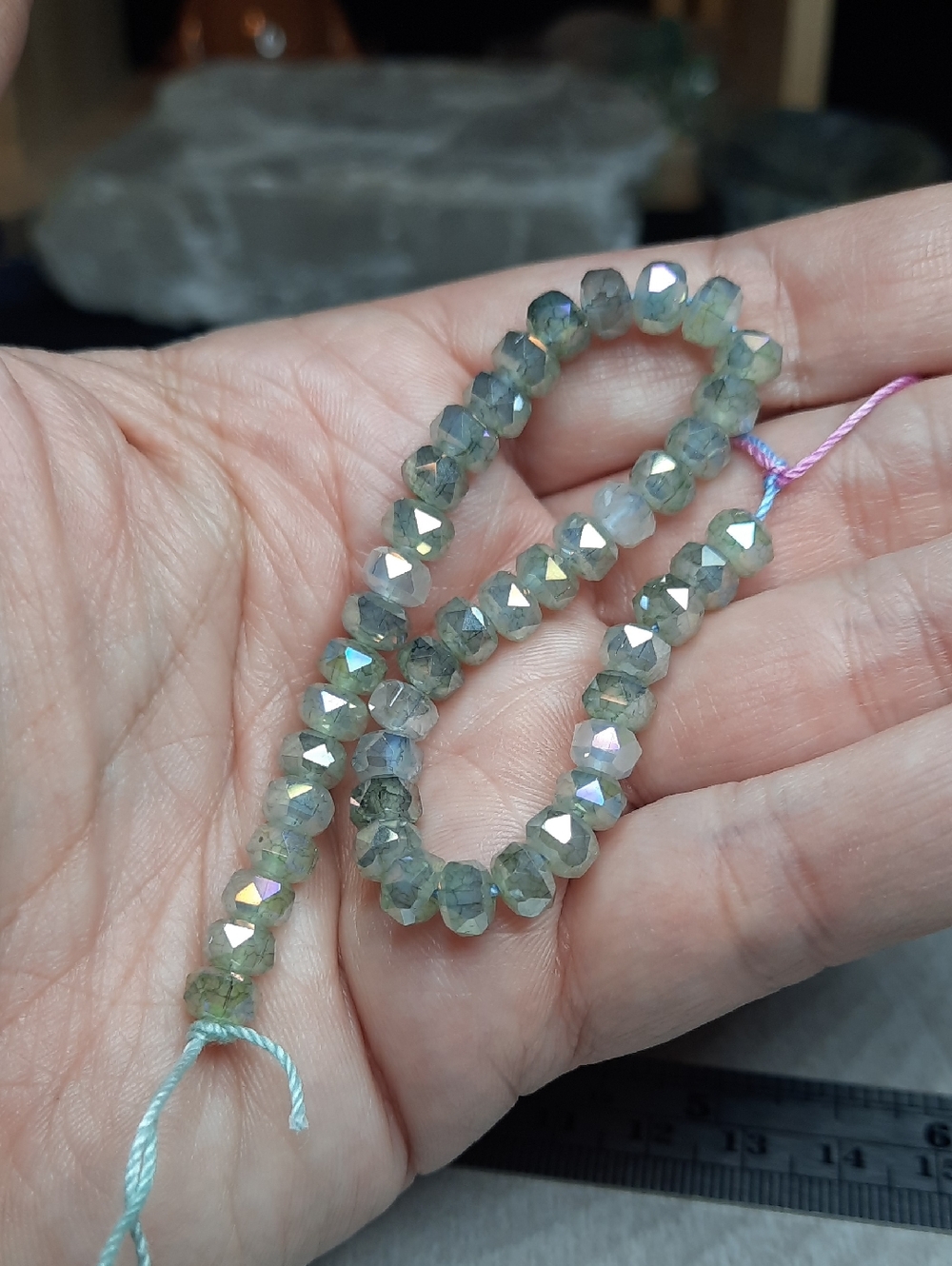 Faceted Electroplated Glass Rondelles - "Gray Labradorite" - 7" Strand #15